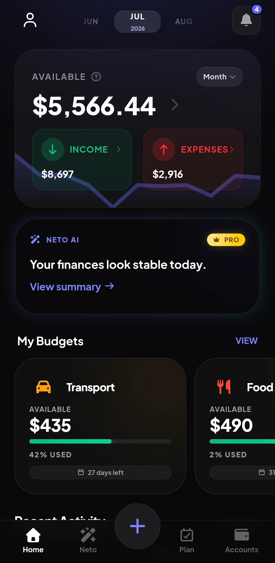 Fimeto personal finance app home screen
