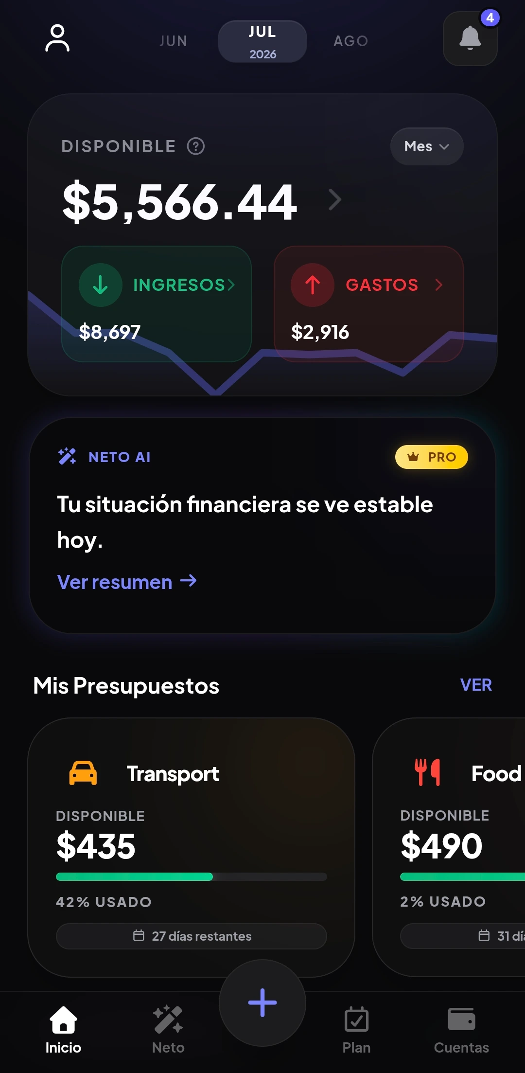 Pantalla de inicio de la aplicación de finanzas personales Fimeto