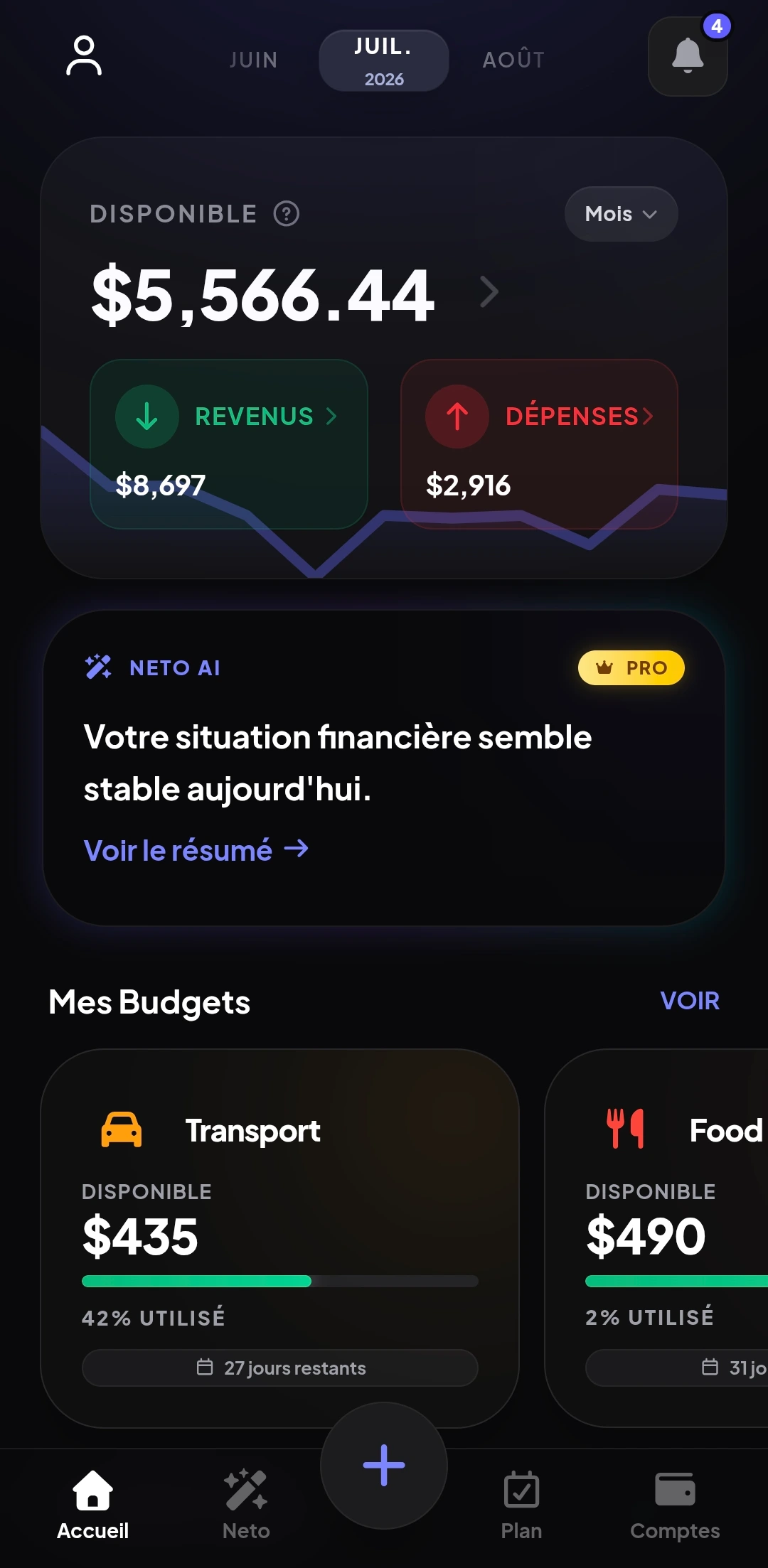 Écran d’accueil de l’application de finances personnelles Fimeto