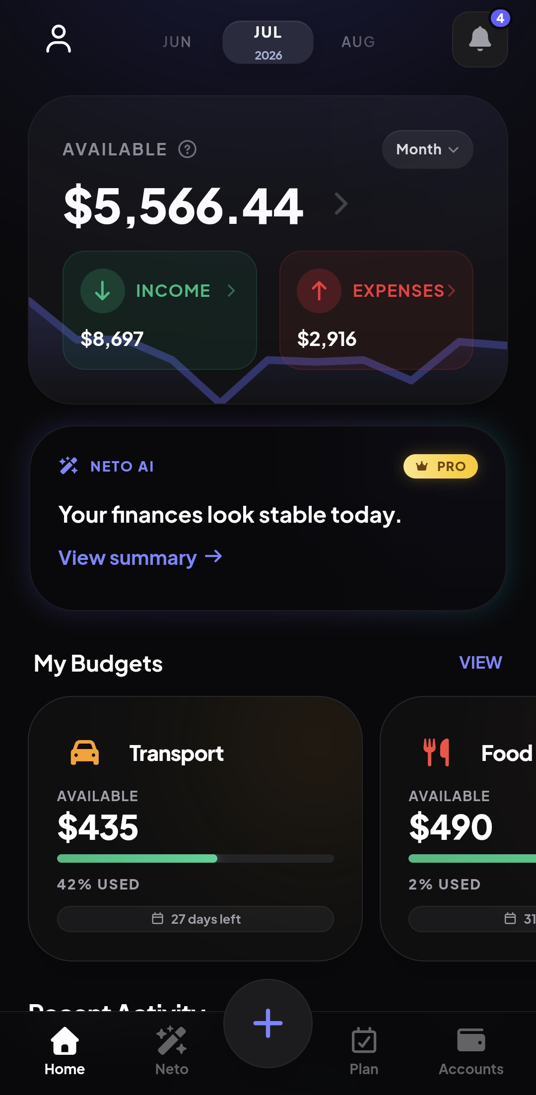 Fimeto personal finance app home screen